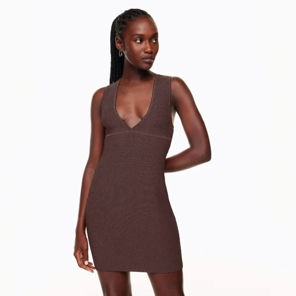 Aritzia Babaton Womens XS Sculpt Knit Ribbed Deep  V Neck Mini Dress Dark Brown - Picture 1 of 5